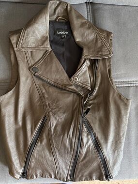 bebe Sleeveless Leather Moto Vest in Brown